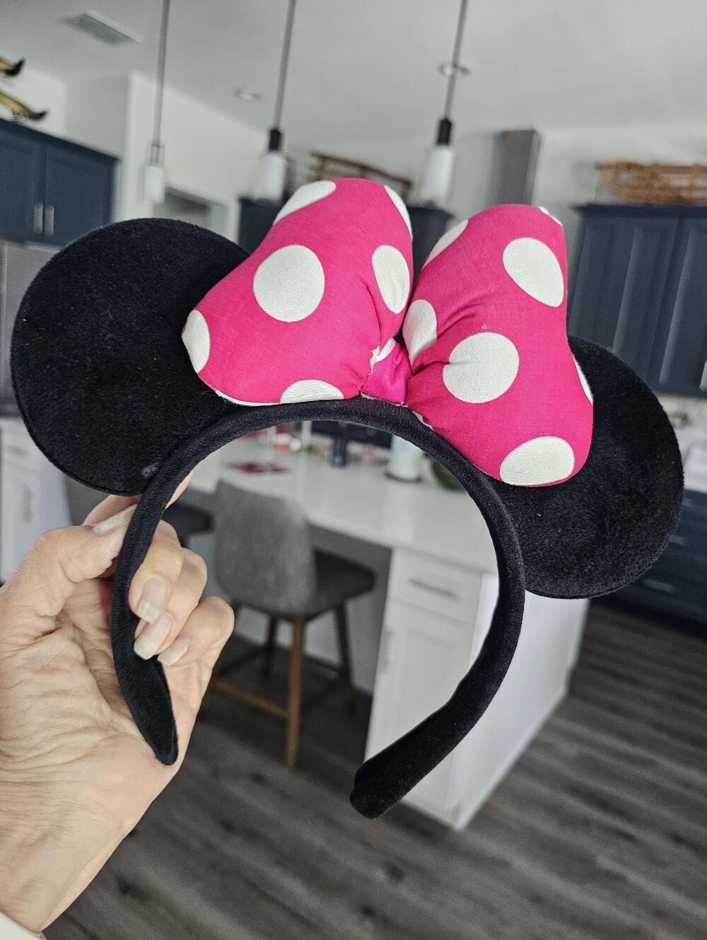 Disney Black Furry & Pink Polka Dot Bow Mouse Ears Adult L👀K DisneyWorld Land